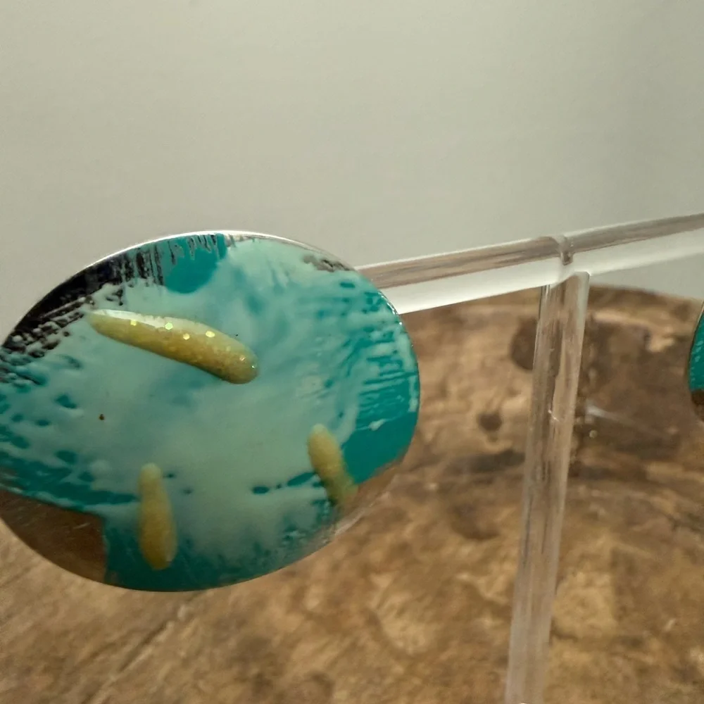Brush Paint Style Silver Tone Earrings - Turquoise and Yellow